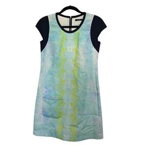 McGinn Abstract Lace Shift Dress Cap Sleeve Blue Green Size 36